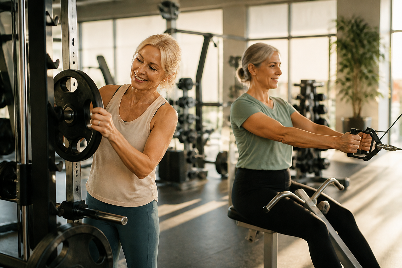 Frauen nach den Wechseljahren bei der Osteoporose Prophylaxe mit Kraftsport im Fitnessstudio