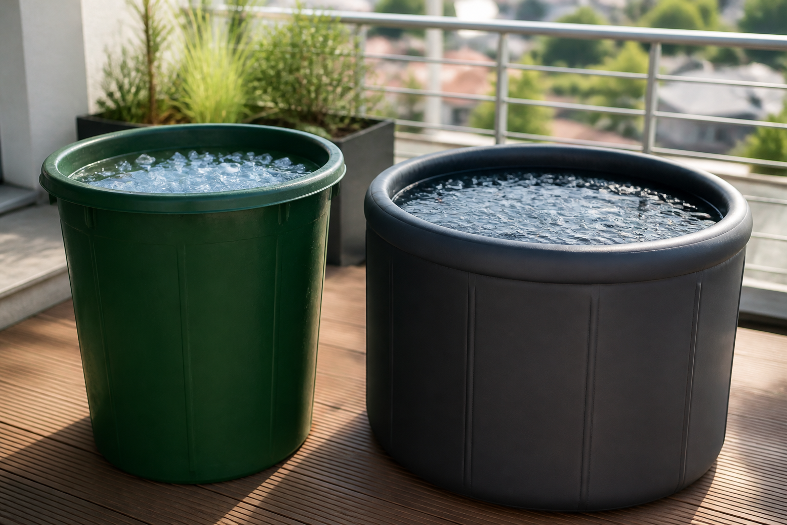 Gegenüberstellung einer simplen Regentonne und einer professionellen Kältetonne auf einem modernen Balkon für das Eisbad zu Hause.