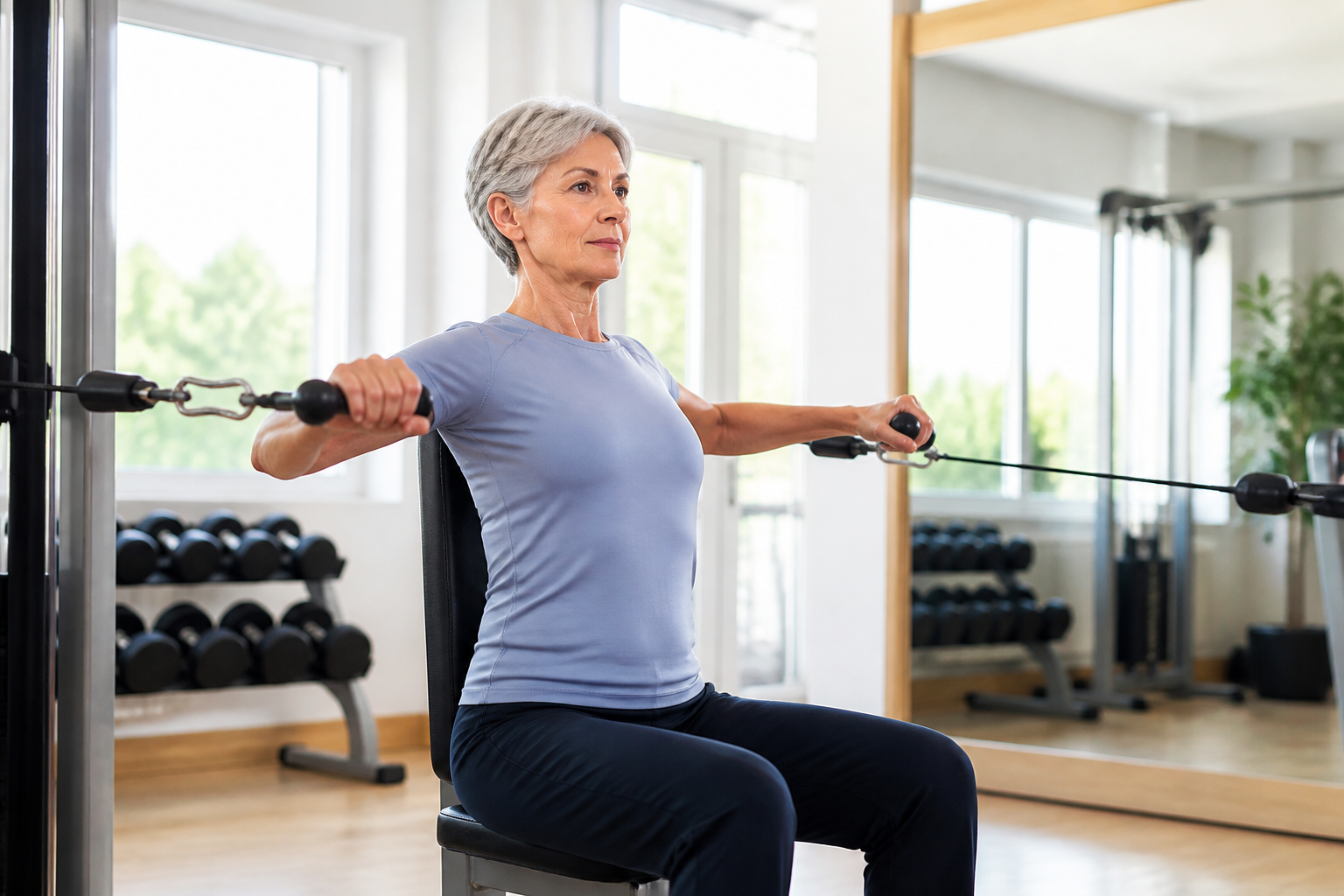 Krafttraining gegen Osteoporose: Gezielte Übung am Seilzug gegen Rundrücken und zur Verbesserung der Haltung ab 60