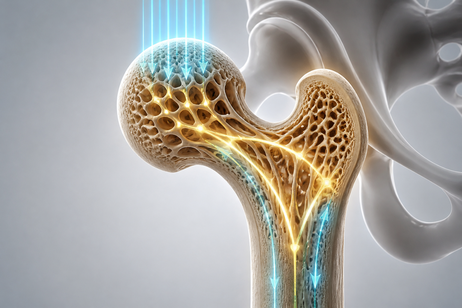 Krafttraining gegen Osteoporose: Schematische Darstellung des Wolffschen Gesetzes zur Stärkung der Knochenbälkchen durch Druckbelastung